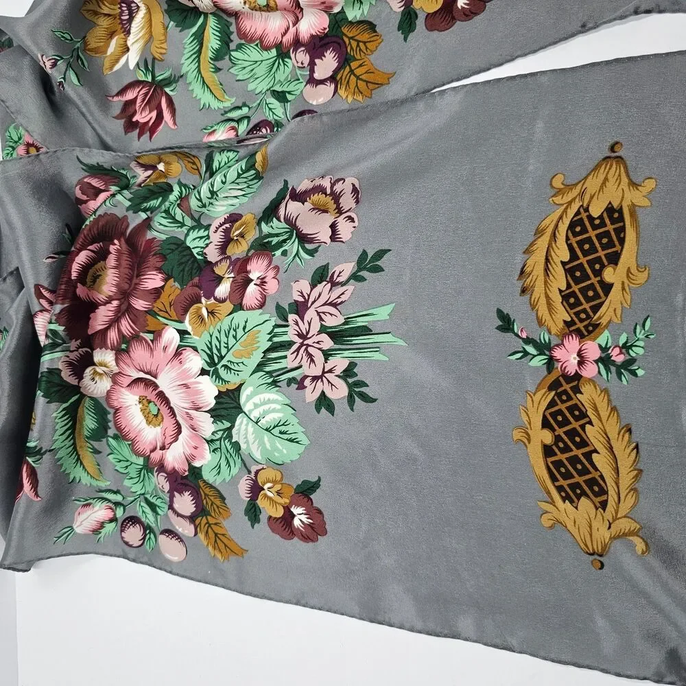 VTG Baar & Beards 100% Silk Scarf Gray Rose Floral Gold Scroll Japan Oblong